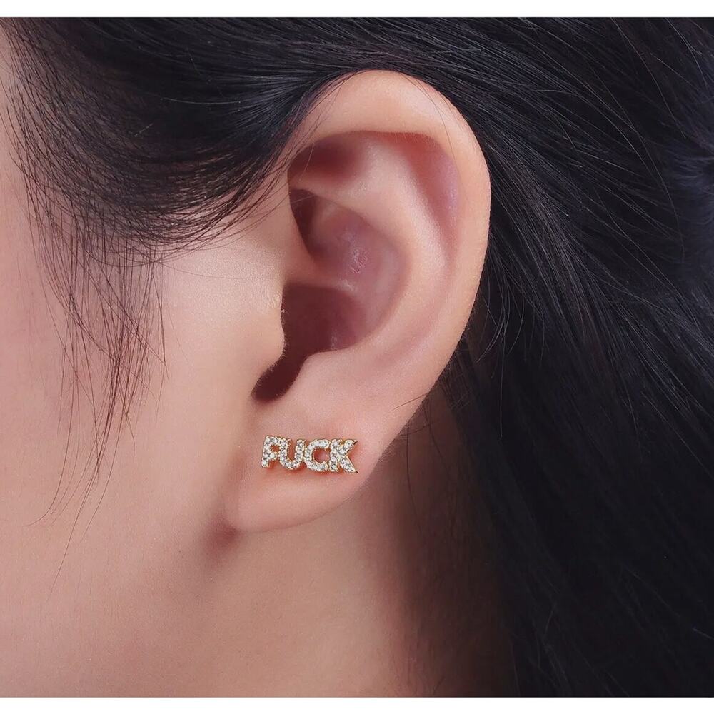 -16 K Gold  “Fu#K “ Script Micro Paved CZ Stud NWT - Picture 4 of 4